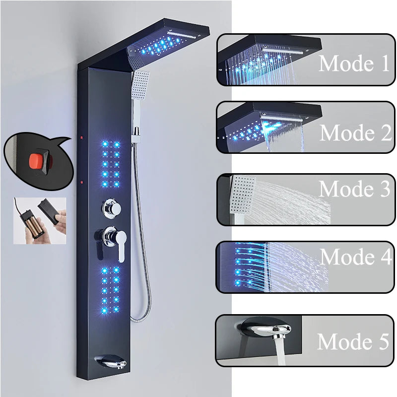 Nekjacg Black LED Shower Faucet Shower Panel & Column Bathroom Waterfall Rain Shower System Wall Mount Massage Spa Spout System