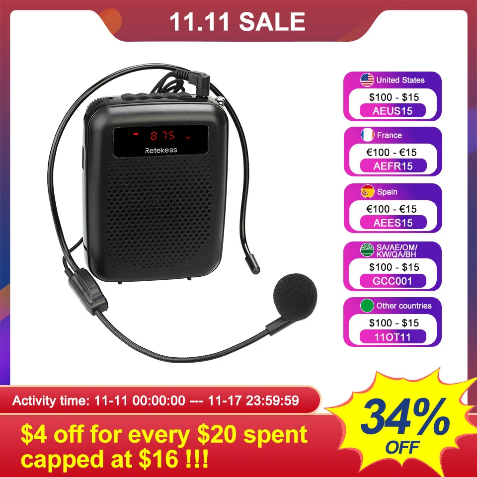 RETEKESS PR16R Megaphone Portable Voice Amplifier Microphone Speaker 12W FM Recording Mp3 Player FM Radio Tour Guide Teaching