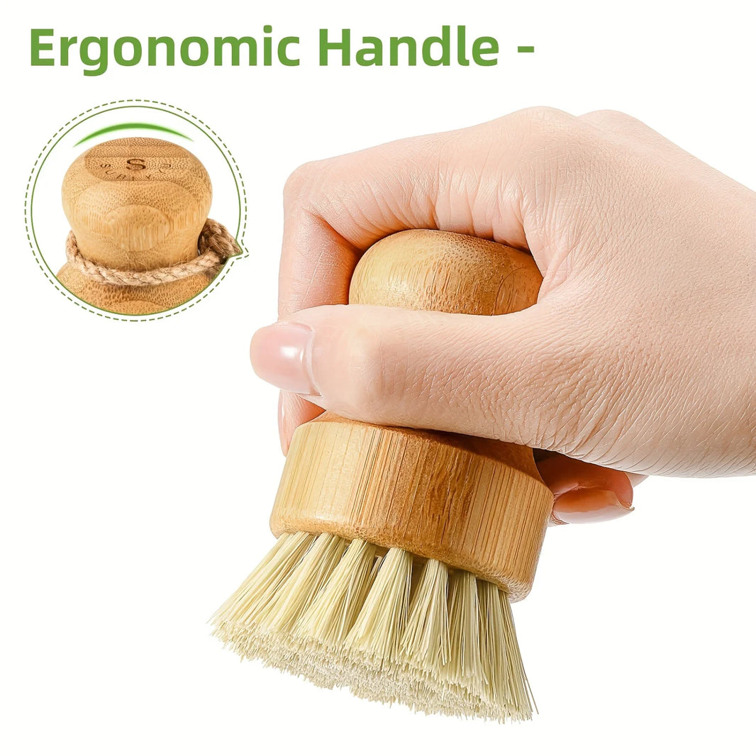 Kitchen Pot Brush With Drainer Dish Set, Wooden Bamboo Round Pot Dish With Ceramic Plate, Bowl Sink Stove Washing Brush, Bamboo