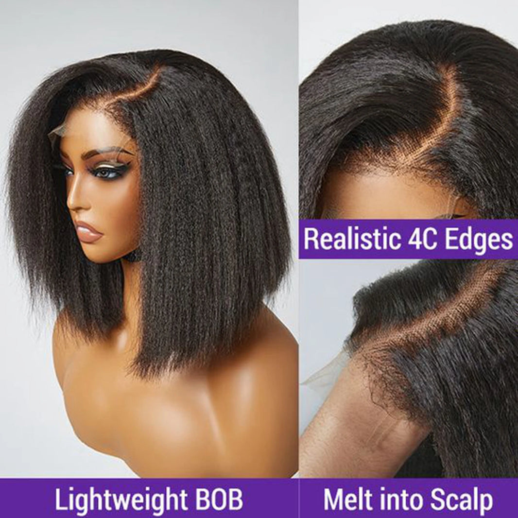 Short Bob Wig Kinky Straight Lace Front Human Hair Wig 180% Density 13x4 Transparent Lace Frontal Wigs for Women Brailian Remy