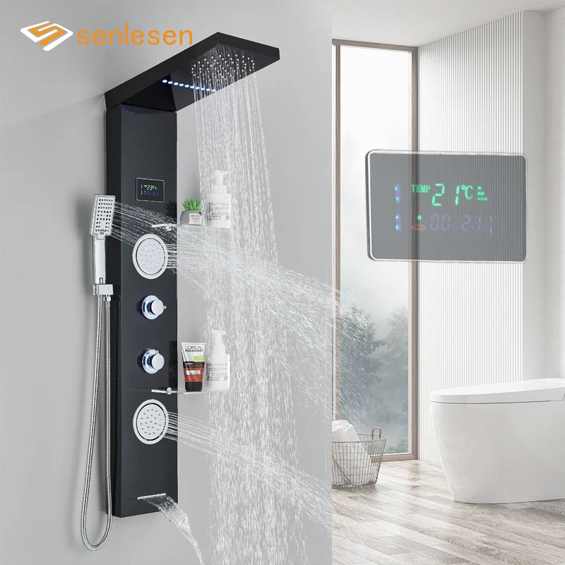 LED Light Shower Panel Rainfall Digital Display Shower Faucet Set Wall Mount Bathroom Column System With Shelf SPA Massage Jets