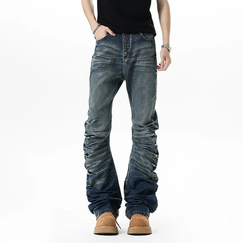 PFNW  American High Street Buttoned Pleated Men's Jeans 2025 Korea Fashion Vintage Male Trousers Loose