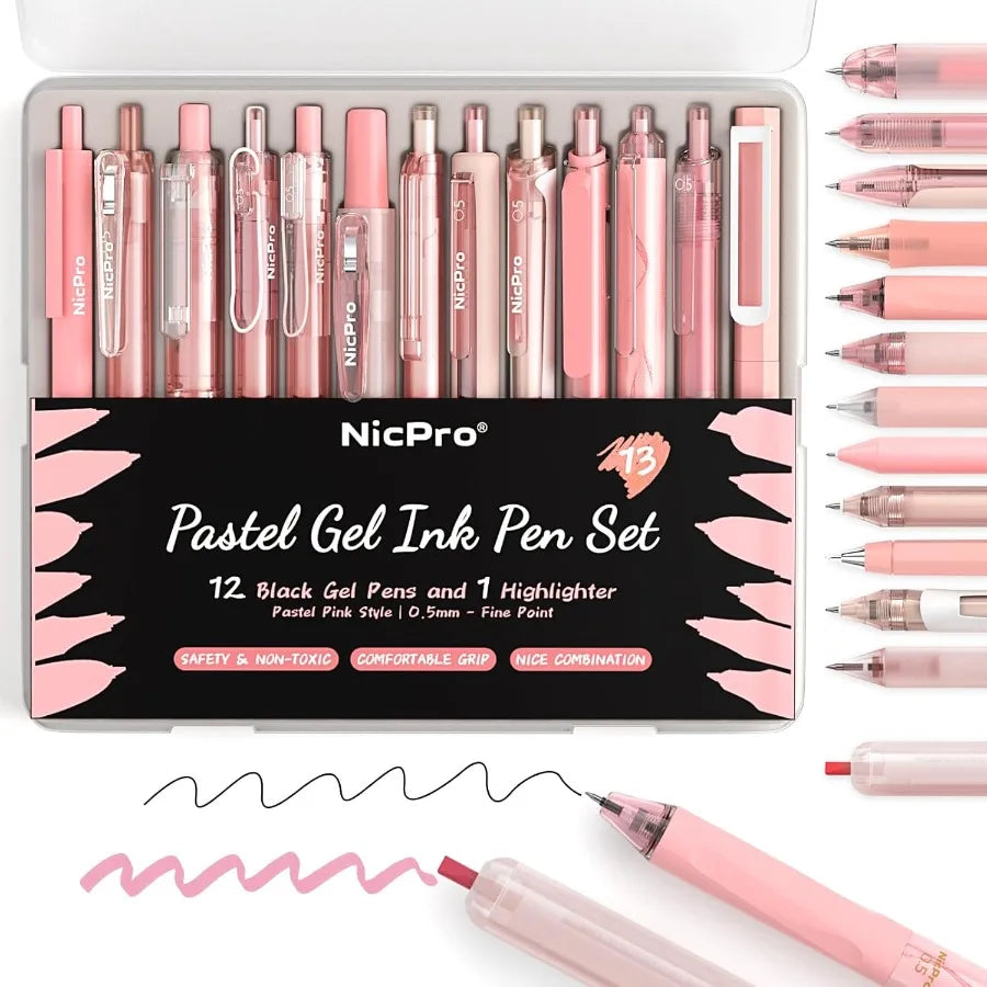 13Pack Pastel Gel Ink Pen Set with Case Cute Retractable 0.5mm Fine Point Pen 12 Pink Pens Black Ink with 1 Highlighter Aesthet