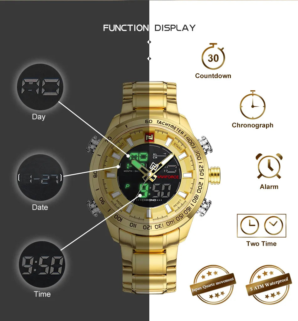 NAVIFORCE Luxury Brand Mens Sport Watch Gold Quartz Led Clock Men Waterproof Wrist Watch Male Military Watches Relogio Masculino