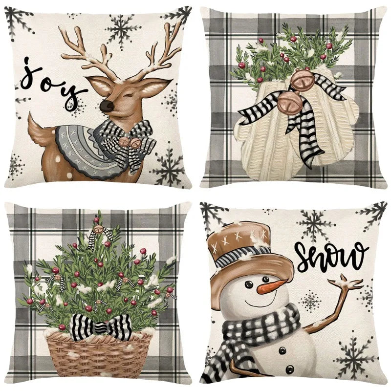 Christmas Elk and Snowman Pattern Cushion Cover Cartoon Style Decorative Pillow Covers Holiday Party Limited and Gift Giving
