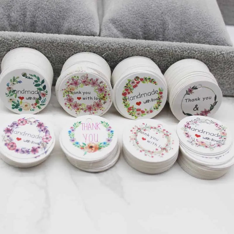 100Pcs Handmade with love /Thank You Flower DIY White Tags Wedding candy Gift Wrapping Paper Hang Paper Tags cookies Supplies