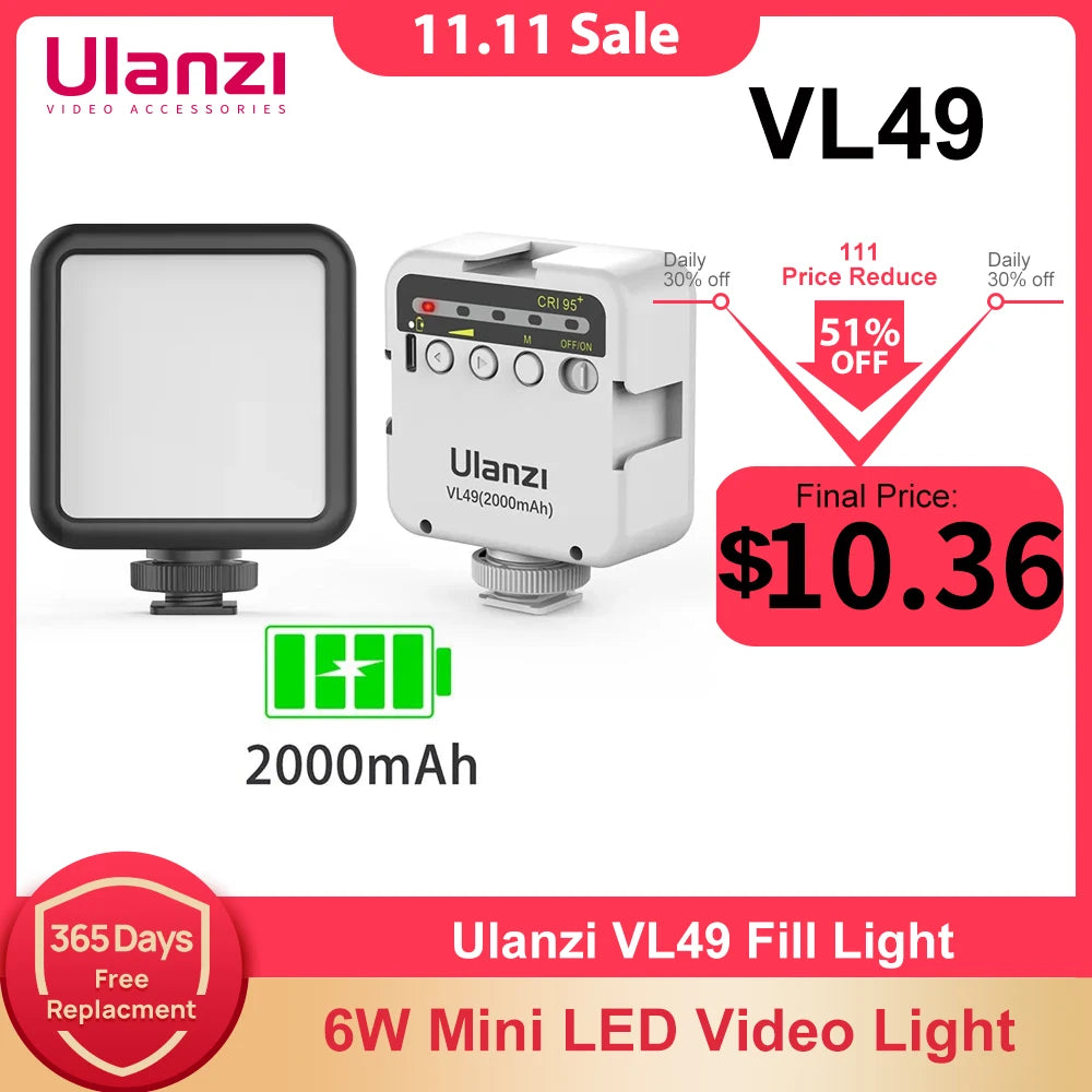 Ulanzi VL49 6W Mini LED Video Office Light 2000mAh 5500K Zoom Lighting Photographic Lighting U Bright Vlog Fill Light