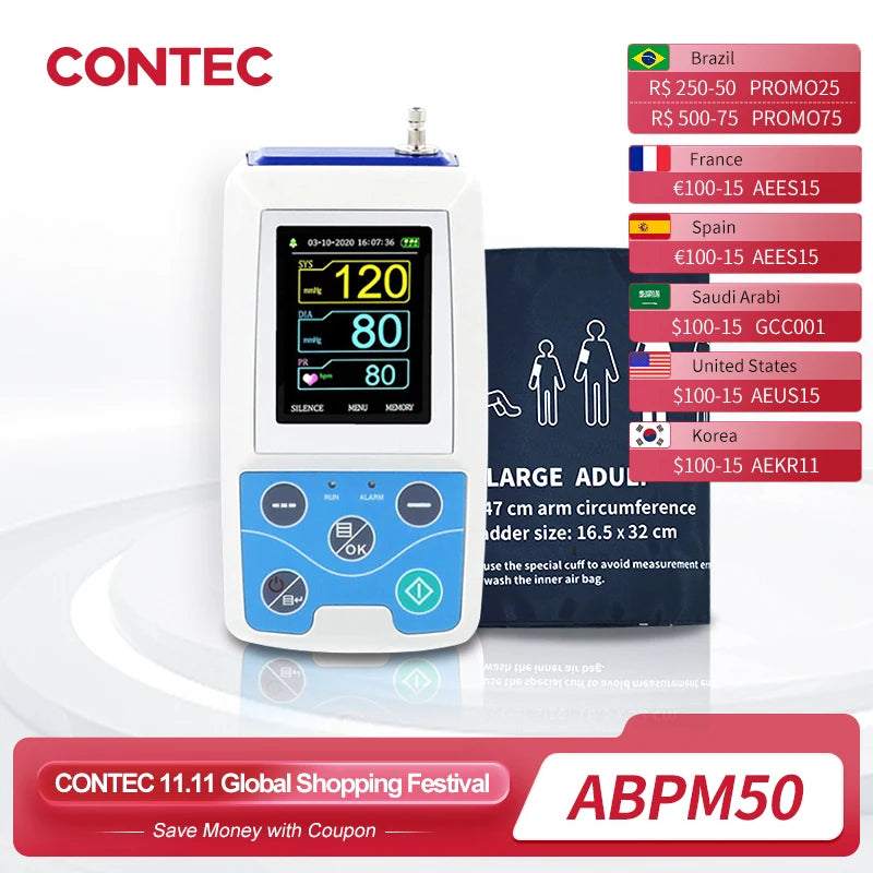 Arm Ambulatory Blood Pressure Monitor 24hours NIBP Holter CONTEC ABPM50+ Adult,Child ,Large ,3 Cuffs, Free PC Software