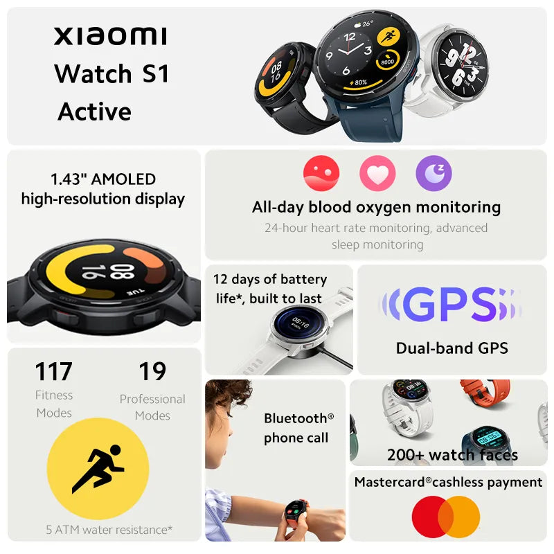 Global Version Xiaomi Watch S1 Active 1.43" AMOLED Display Bluetooth Phone Calls GPS Mi Smartwatch Blood Oxygen 12 Days Battery