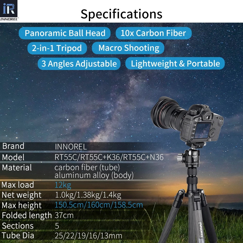 RT55C Professional 10 Layers Carbon Fiber Tripod For Digital Camera Suitable For Travel Top Quality DSLR Stand 161cm Max Height