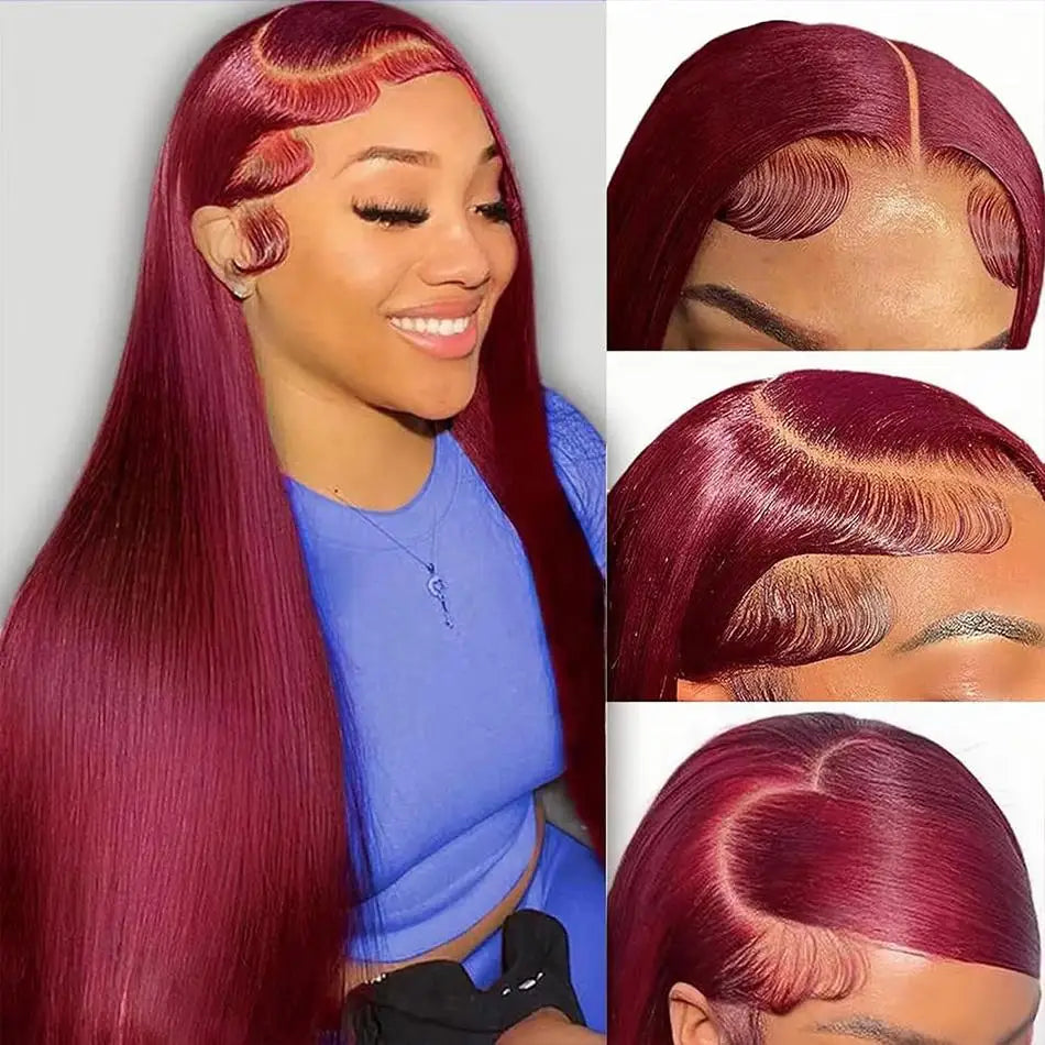 Pre Plucked 99J Colored Human Hair Wig 200% Density 99j Straight Lace Frontal Wig Burgundy 13x6 HD Lace Frontal Human Hair Wig