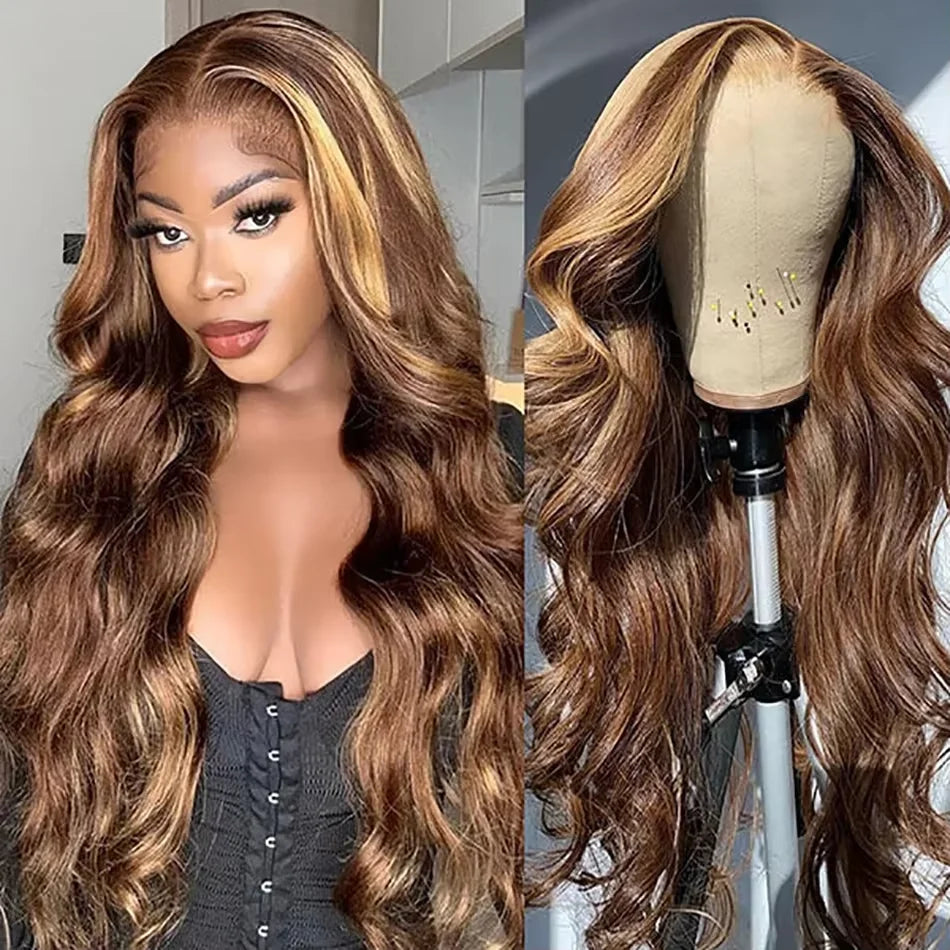 P4/27 Highlight 200 Density Body Wave Human Hair Wig Colored Body Wave 13x4 13x6 HD Transparent Lace Wigs PrePlucked For Women