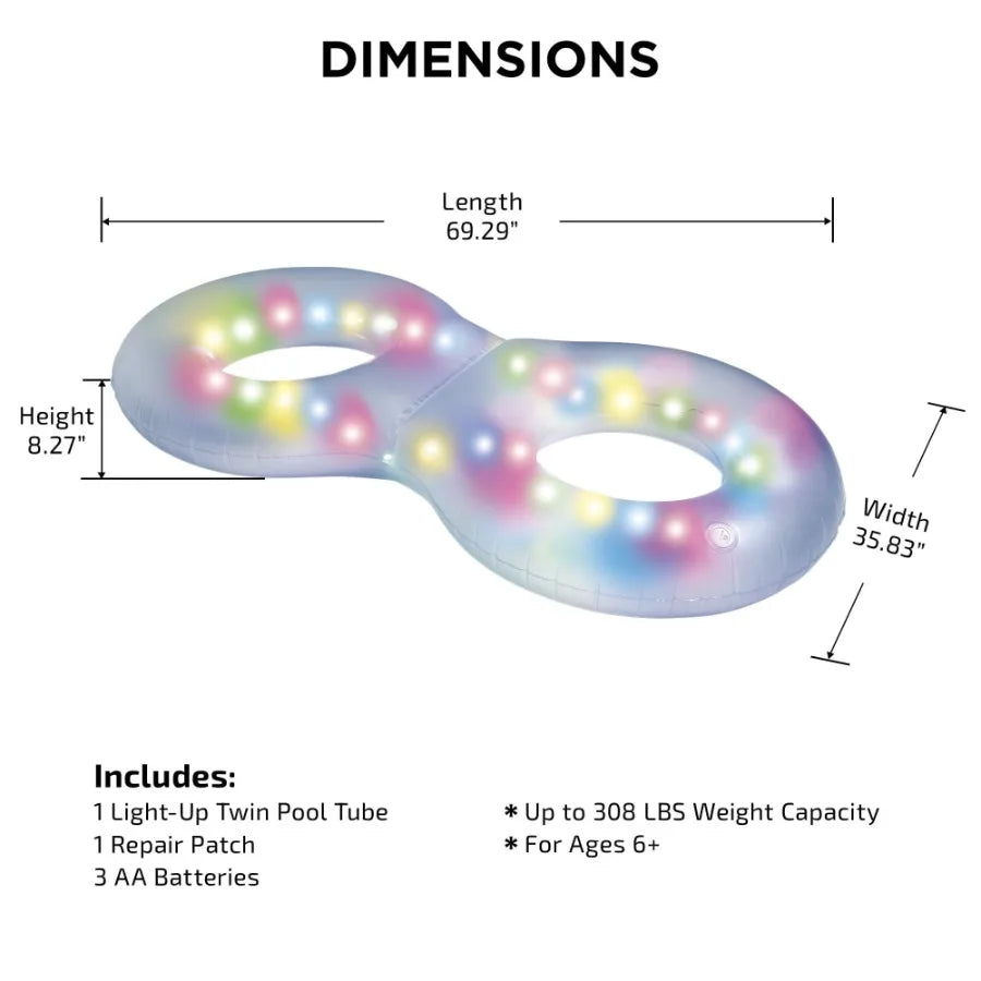 LED Twin Tube Inflatable LED LightUp Pool Ring Waterproof Floating Tube for Nighttime Fun