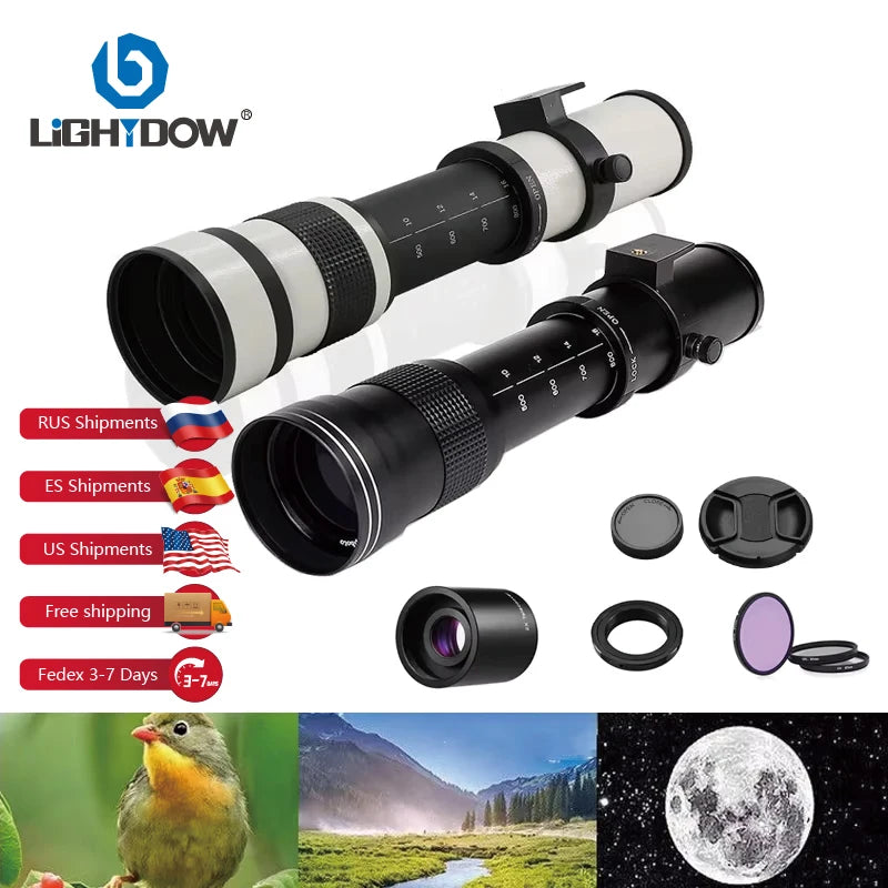 Lightdow Full Frame 420-800mm F8.3 Manual Zoom Telephoto Lens with UV CPL FLD Lens Filters 2X Converter RU USA ES Shipping