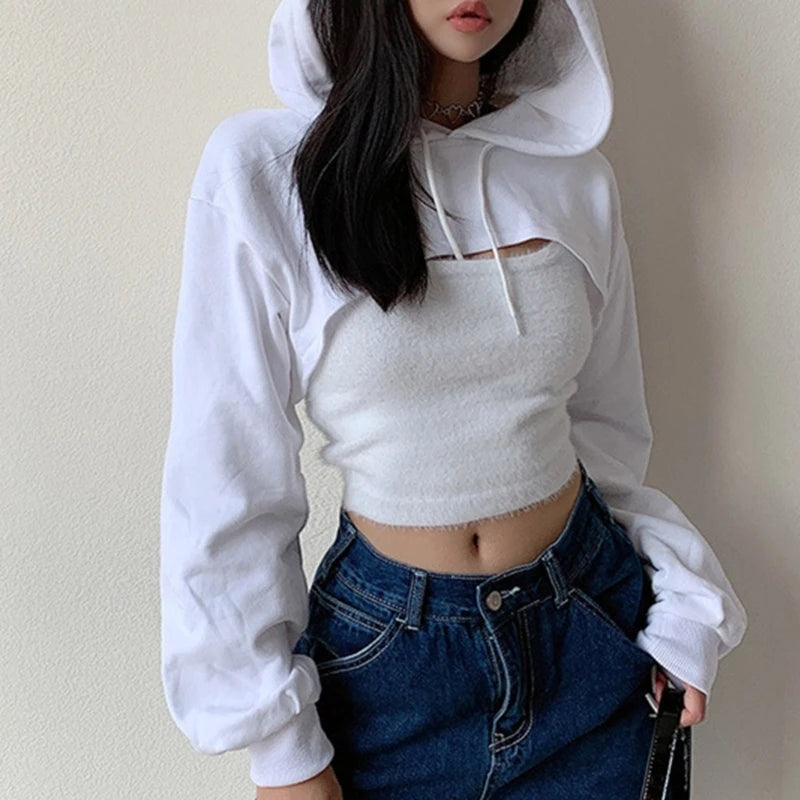 Womens Long Sleeve Cropped Hoodies Sweatshirt Aesthetic Punk Hip-Hop Dance Plain Sexy Rave Cutout Loose Super Crop Top