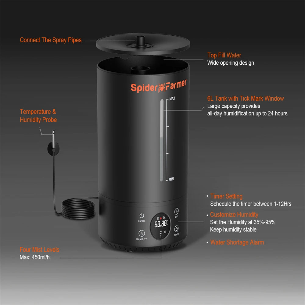 Spider Farmer 6L Air Humidifier Cool Mist Diffuser Top Fill Ultrasonic for Plants Tent Home Indoor