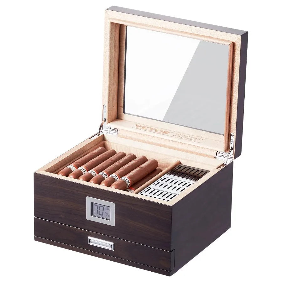 50 Cigar Humidor Glasstop Cedar Cigar Box Humidifier and Hygrometer and Drawer