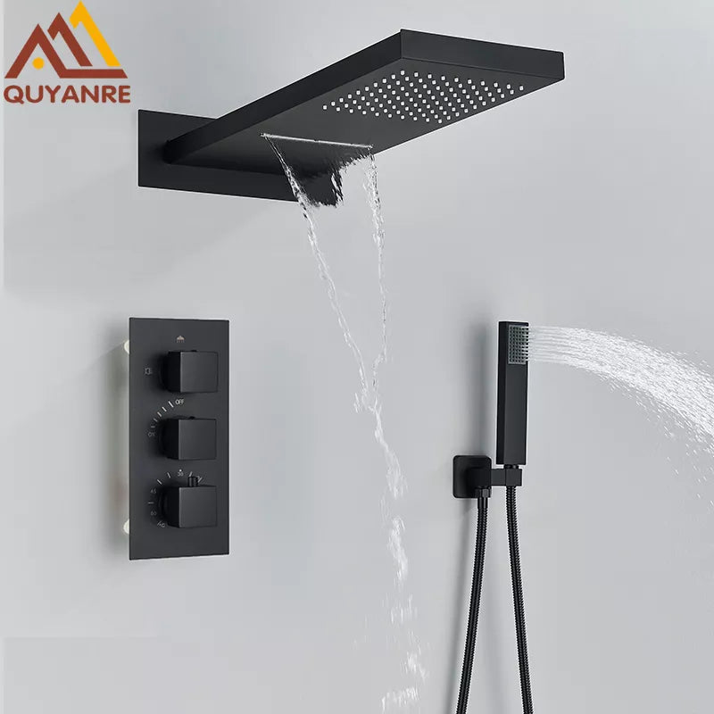 Quyanre Black Thermostatic Shower Faucets Set Rain Waterfall Shower Head With 3-way Thermostatic Mixer Tap Bath Shower Faucet