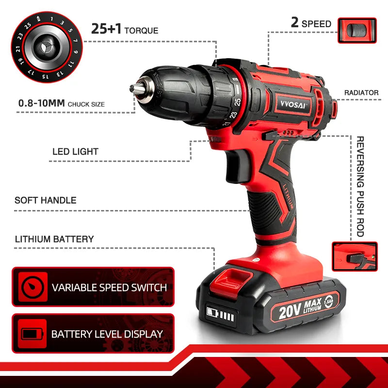 VVOSAI New 20V Cordless Drill Electric Screwdriver Mini Wireless Power Driver DC Lithium-Ion Battery 3/8-Inch 2 Speed Power Tool