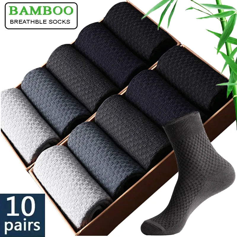 10 Pairs/Lot Men's Bamboo Fiber Socks 2023 New Compression Autumn Long Black Business Casual Man Dress Sock Gift Plus Size 42-45