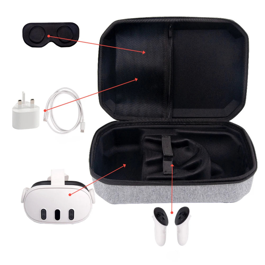 Shockproof Hard Carry Case with Lens Cover Travel Home Storage Bag Mesh Pocket for Meta Quest 3 VR Headset Game Controller