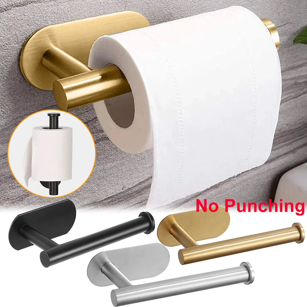 Self Adhesive Toilet Roll Paper Holder Wall Mount Bathroom Organizer Storage Stand No Punching Stainless Steel Towel Holder
