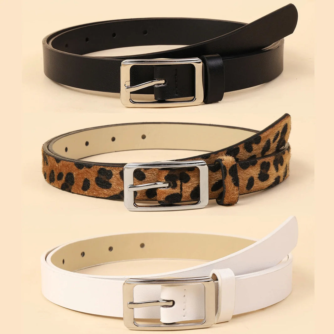 Leopard Print Pu Women's Belt Goth Retro Jeans Dress Accessories White Girdle Silver Pin Buckle Black Leather Thin Waistband