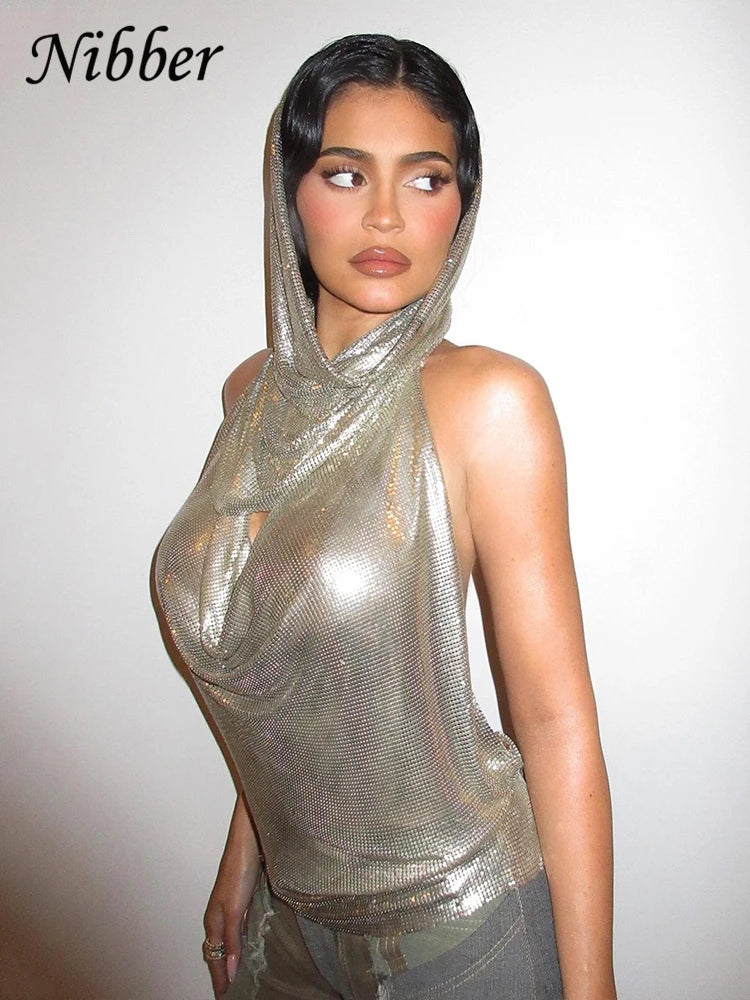 Nibber Sexy Shiny  Two Piece Women Halter Backless Low-cut Vest+Headgear Fashion Slim Party Clubwear Cropped Navel T-shirt