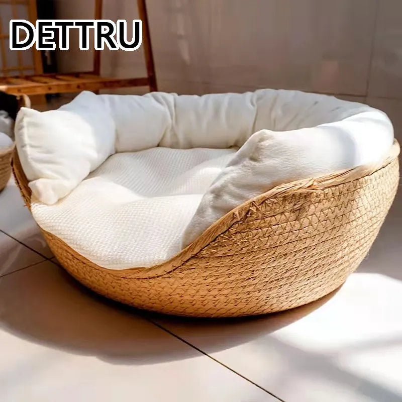 DETTRU Pet BedKennel Cat Mat Dog Beds Sofa Bamboo Weaving Four Season Cozy Nest Baskets Waterproof Removable Cushion