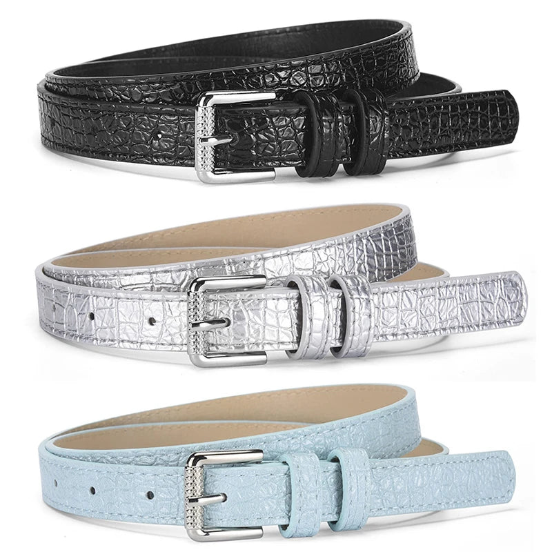 Silver Pin Buckle Thin Belt Women's Fashion Casual Dress Jeans Accessories Blue Girdle Y2k Girls PU Leather Black Waistband