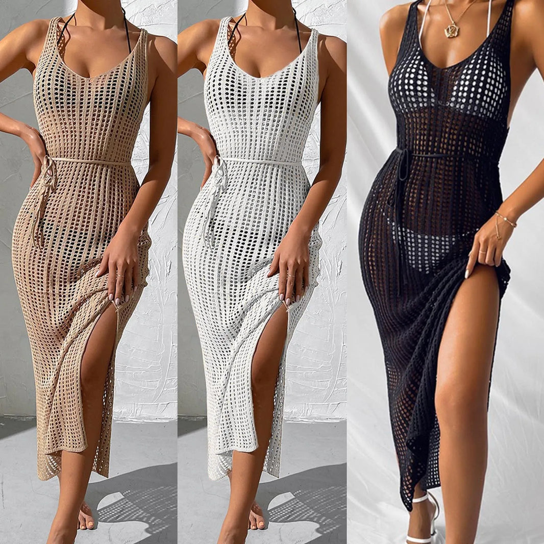 Sexy Sleeveless Knit Dress And Split Skirt Swimwear Pool Beachwear Womens Loose Bathing Suit Hollow Out Cover Ups Saida De Praia