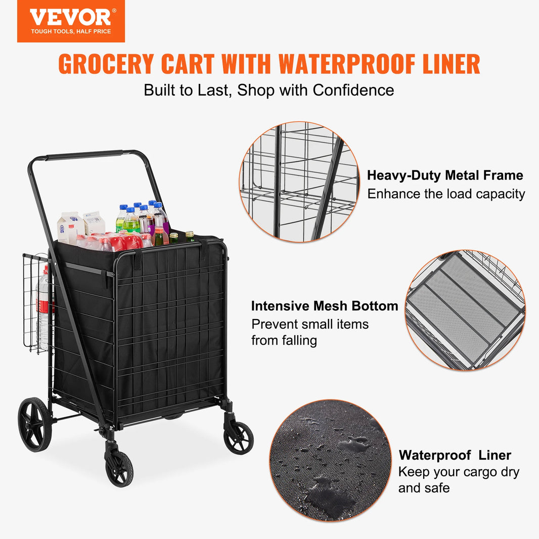 VEVOR Folding Shopping Cart with Removable Waterproof Liner 106/330LBS Large Capacity 360° Swivel Wheels Dense Metal Mesh Base