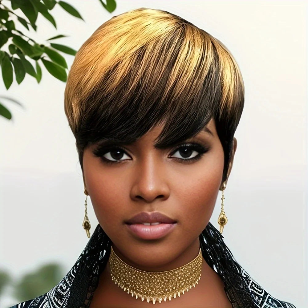 Pixie Cut Wig Human Hair Short Layered Wigs With Bangs Brazilian Real Full Machine Made Wig Highlight Blonde For Women