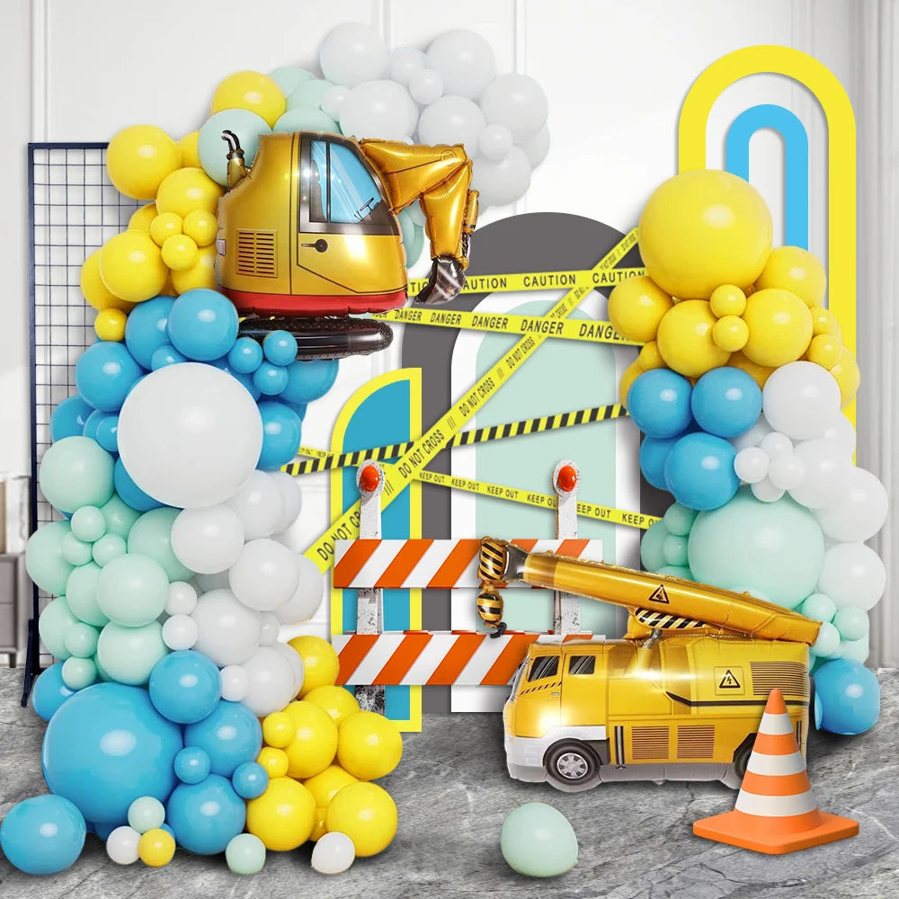 108-Piece Construction Engineering Vehicle Theme Balloon Garland Arch Kit, Yellow White Blue Balloon with Crane Excavator Aluminum Foil Balloon for Birthday Truck Driver Thank You Day Building Party Decoration