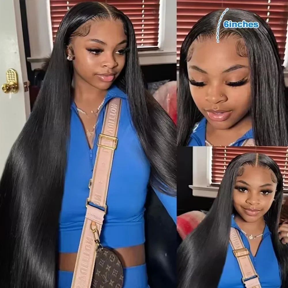 Natural Color Straight Human Hair Wigs 13x6 Lace Front Wig 200 Density 46 Inches Natural Black Pre Plucked Wigs For Women