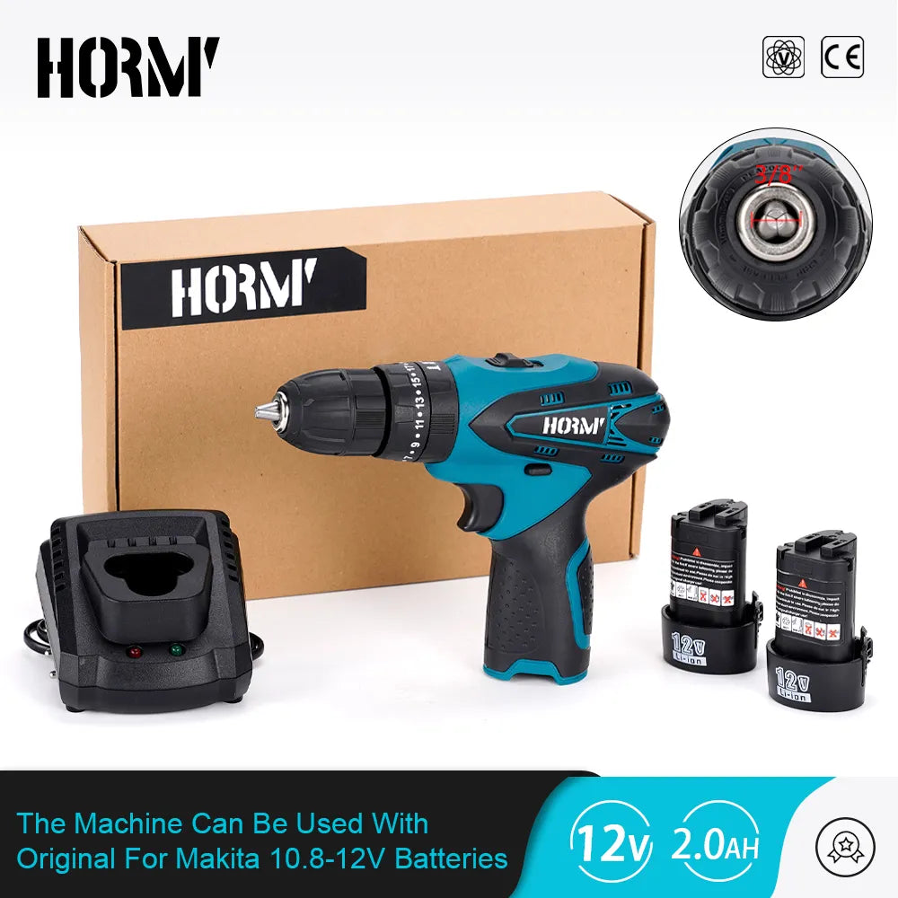 Hormy Electric Impact Drill 32N.m Multi Electric Screwdriver Rechargable Wireless Harmer Drill Power Tool For Makita 12V Battery