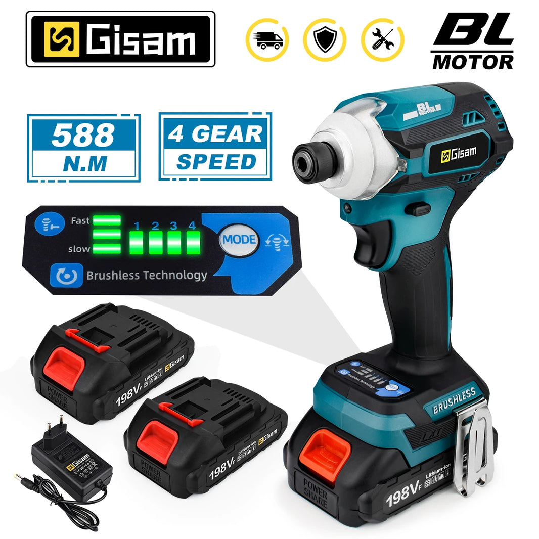 588N.m Cordless Brushless Impact Driver Kit Cordless Drill Electric Screwdriver 4-Speed 1/4‘’ 3 LED Light for Makita 18V Battery