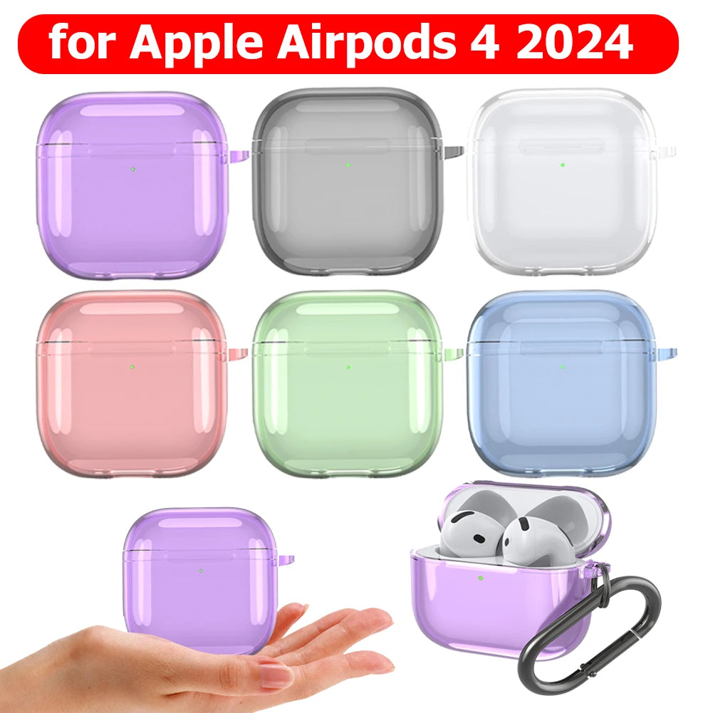 Wireless Earphone Cover TPU Shockproof Protective Cover Skin with Carabiner Transparent Case Anti-fall for Apple Airpods 4 2024