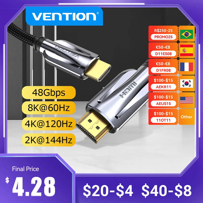 Vention HDMI 2.1 Cable 8K/60Hz 4K/120Hz 48Gbps HDMI Digital Cables Splitter for Xiaomi TV Box HDR10+ PS5 Switch Cable HDMI 2.1