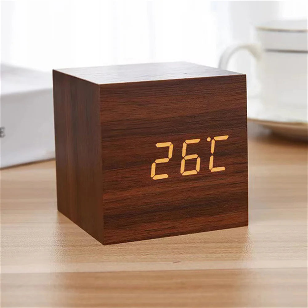 Wood Cube Voice Control Led Alarm Clock Decorative Clock Ornaments Art Crafts Supplies for Home Bedroom Dormitory Drop Ship