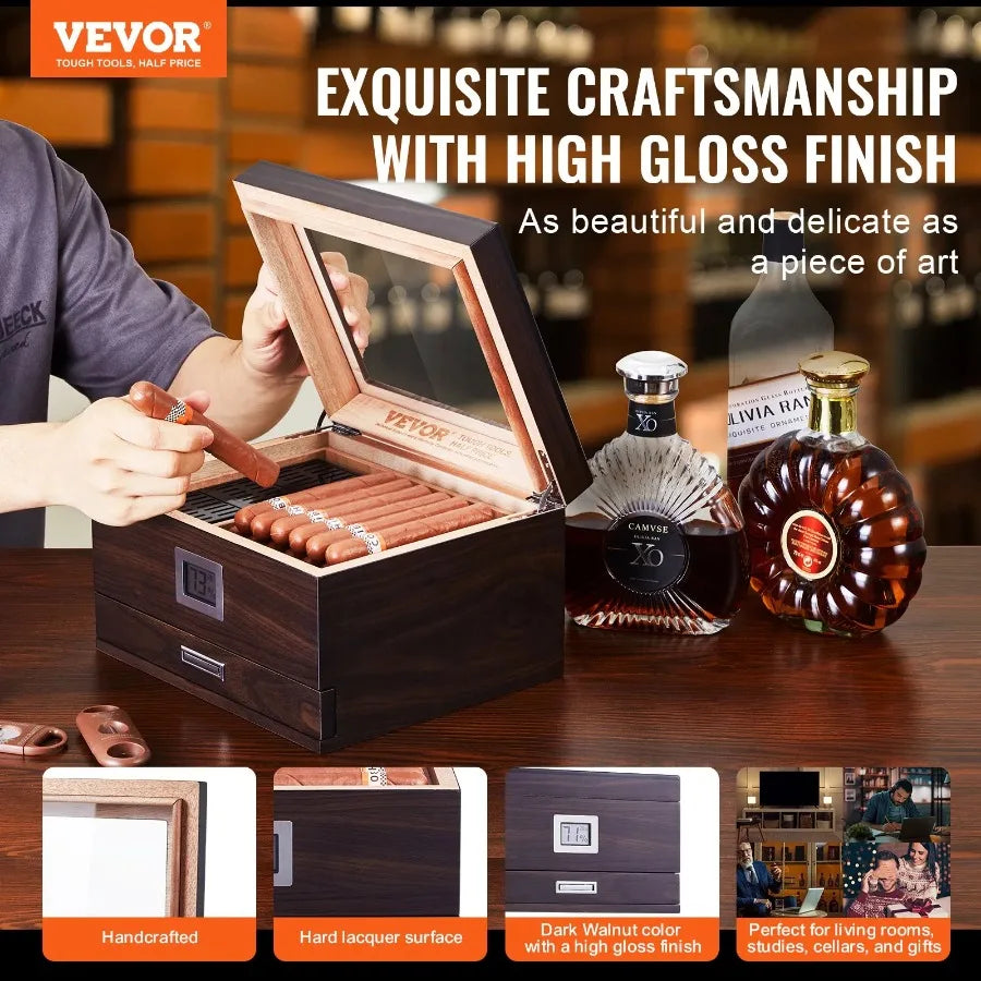 50 Cigar Humidor Glasstop Cedar Cigar Box Humidifier and Hygrometer and Drawer