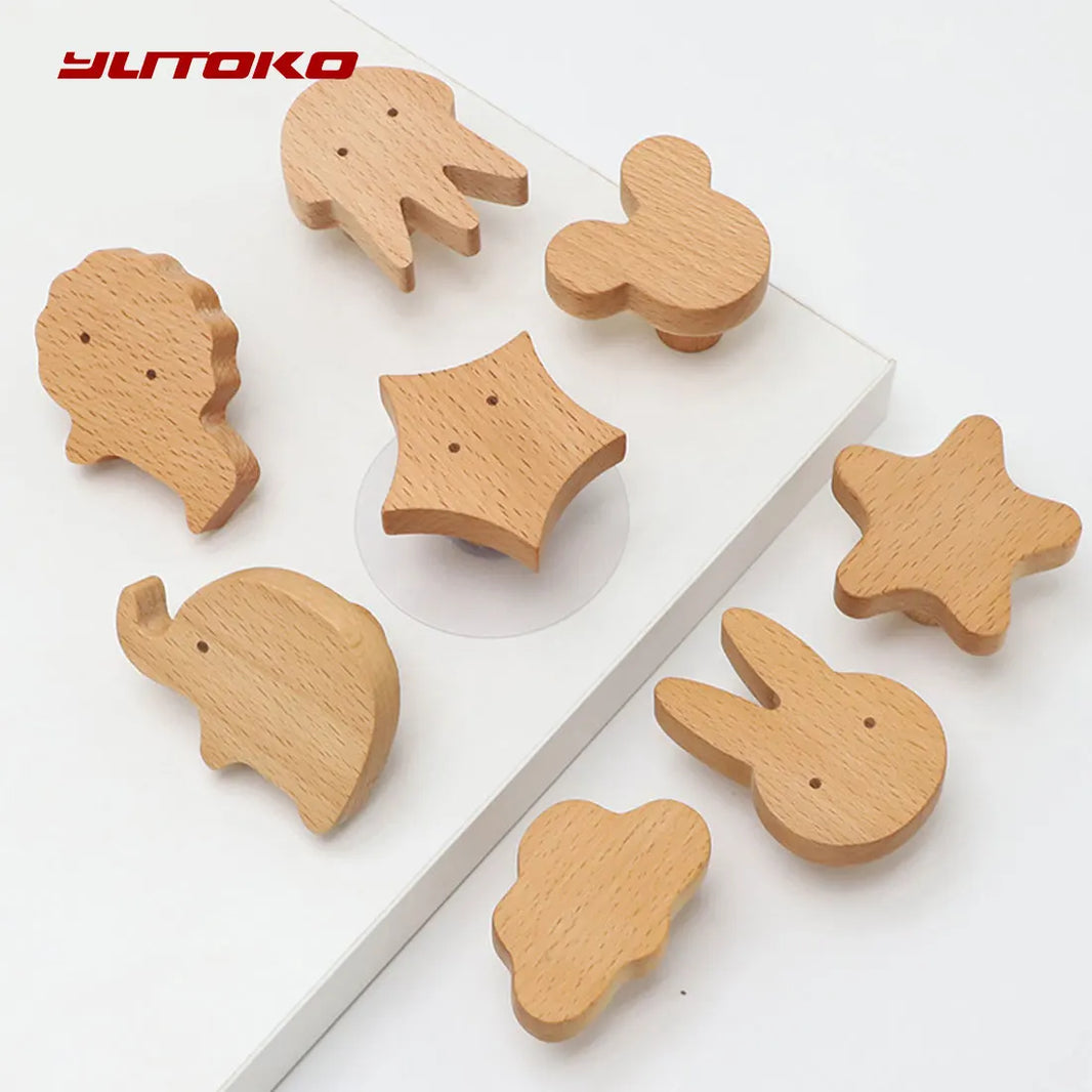 YUTOKO Wooden Door Handles Cute Animal Wood Furniture Handles for Cabinet and Drawers Door Knobs Kitchen Cupboard Wardrobe Pulls