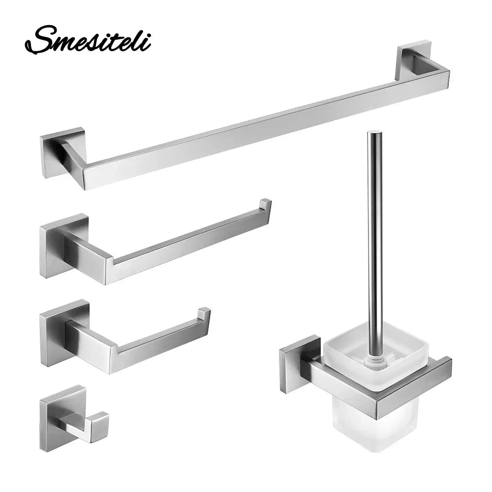 Brushed Nickel Bathroom Accessories Set Wall Mount Bath Shelf Robe Hanger Toilet Paper Holder Towel Bar Rack Stainless Steel