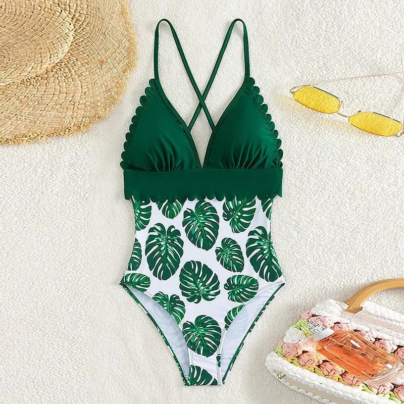 Tropical Family Matching Swimwear Set with Leaf Print Romper for Mom and Daughter Trunks for Dad and Son - Beach Ready
