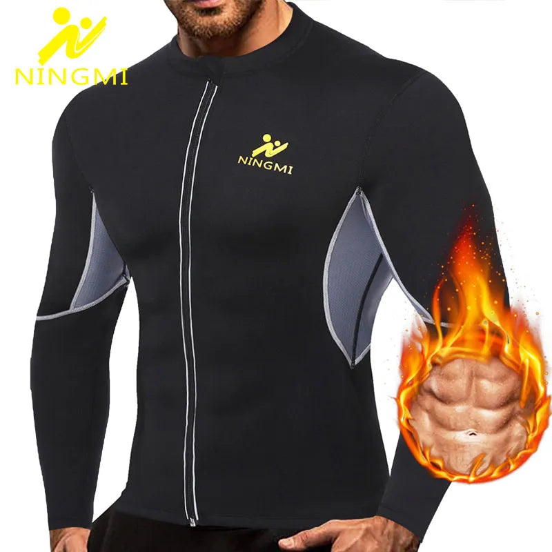 NINGMI Men Slimming Home Gym Shirts Jacket with Long Sleeve Fitness Tights Weight Loss Neoprene Sauna Waist Trainer Body Shapers