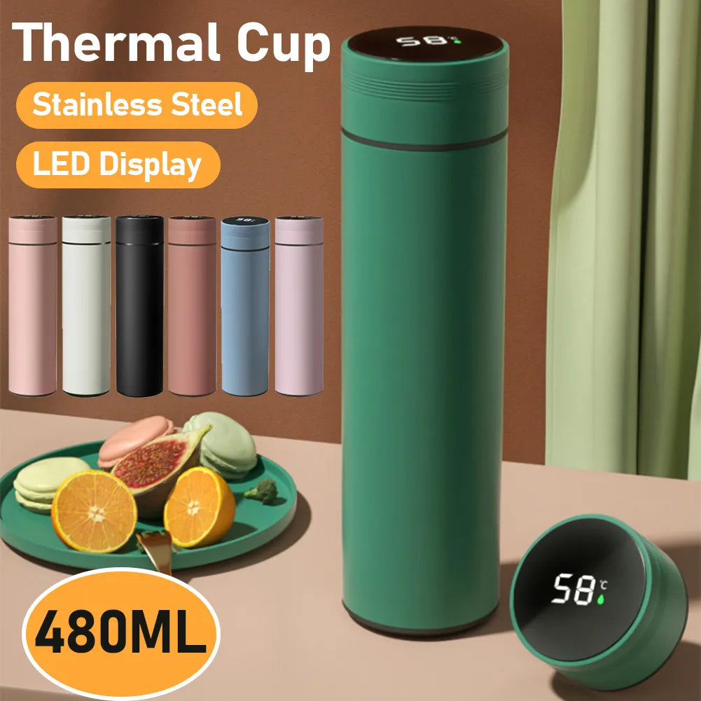 480ML Vacuum Thermos Thermal Water Bottle LED Temperature Display Insulated Coffee Cup Leakproof for Hot Cold Drinks Coffee Tea