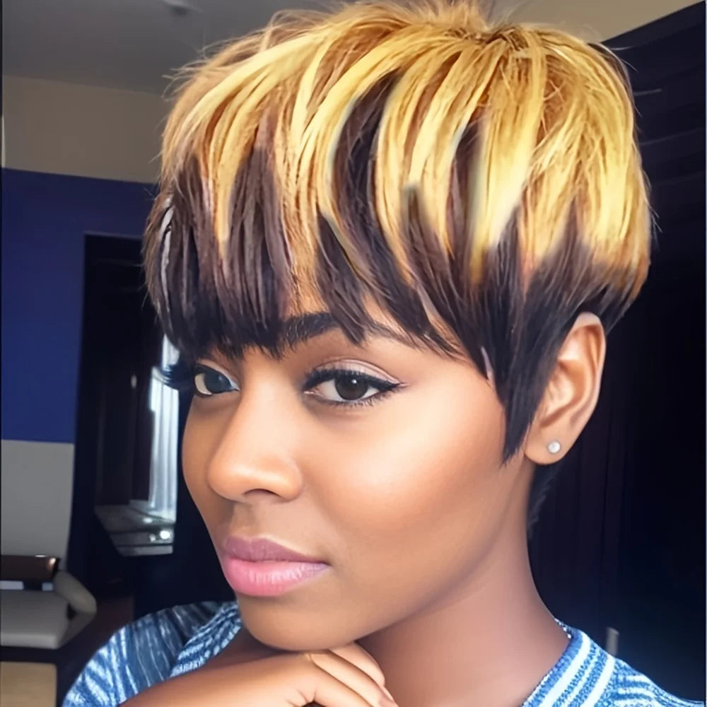 Pixie Cut Wig Human Hair Short Layered Wigs With Bangs Brazilian Real Full Machine Made Wig Highlight Blonde For Women