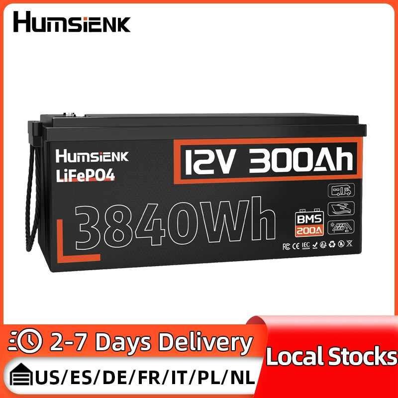 Humsienk 12V 300Ah LiFePO4 Lithium Battery A+ Cells 200A BMS For RV / Yacht / Camper / Off-grid / Home Storage Backup Power