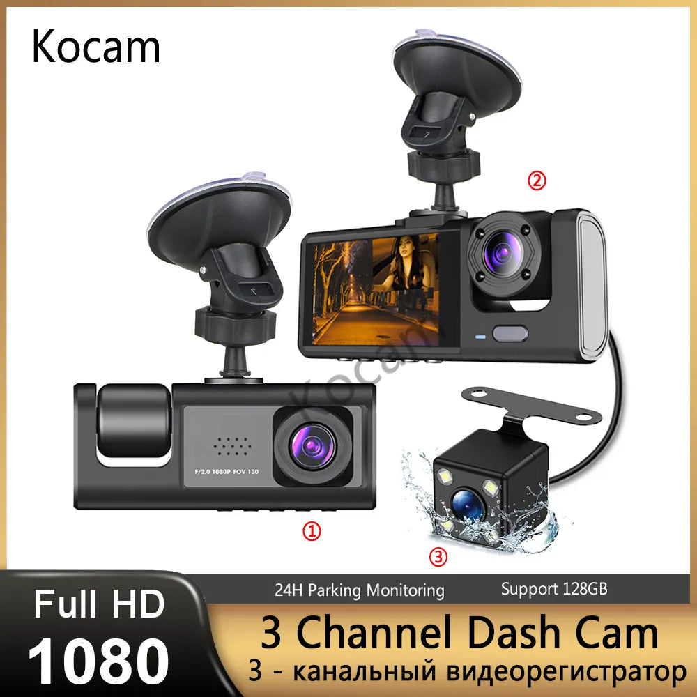 3 Channel Dash Cam for Car Camera Video Recorder Dashcam DVRs Black Box Dual Lens DVR with Rear View Camera 24H Parking Monitor