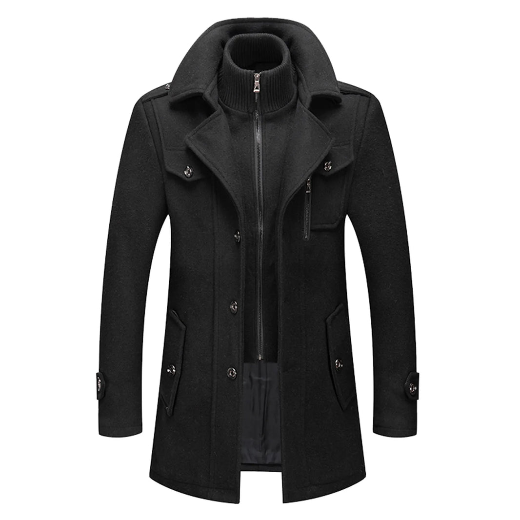Men's Black Outwears Jackets Fall Winter Warm Long Sleeve High Collar Zipper Fake 2 Piece Business Woolen Trench Coats Plus Size